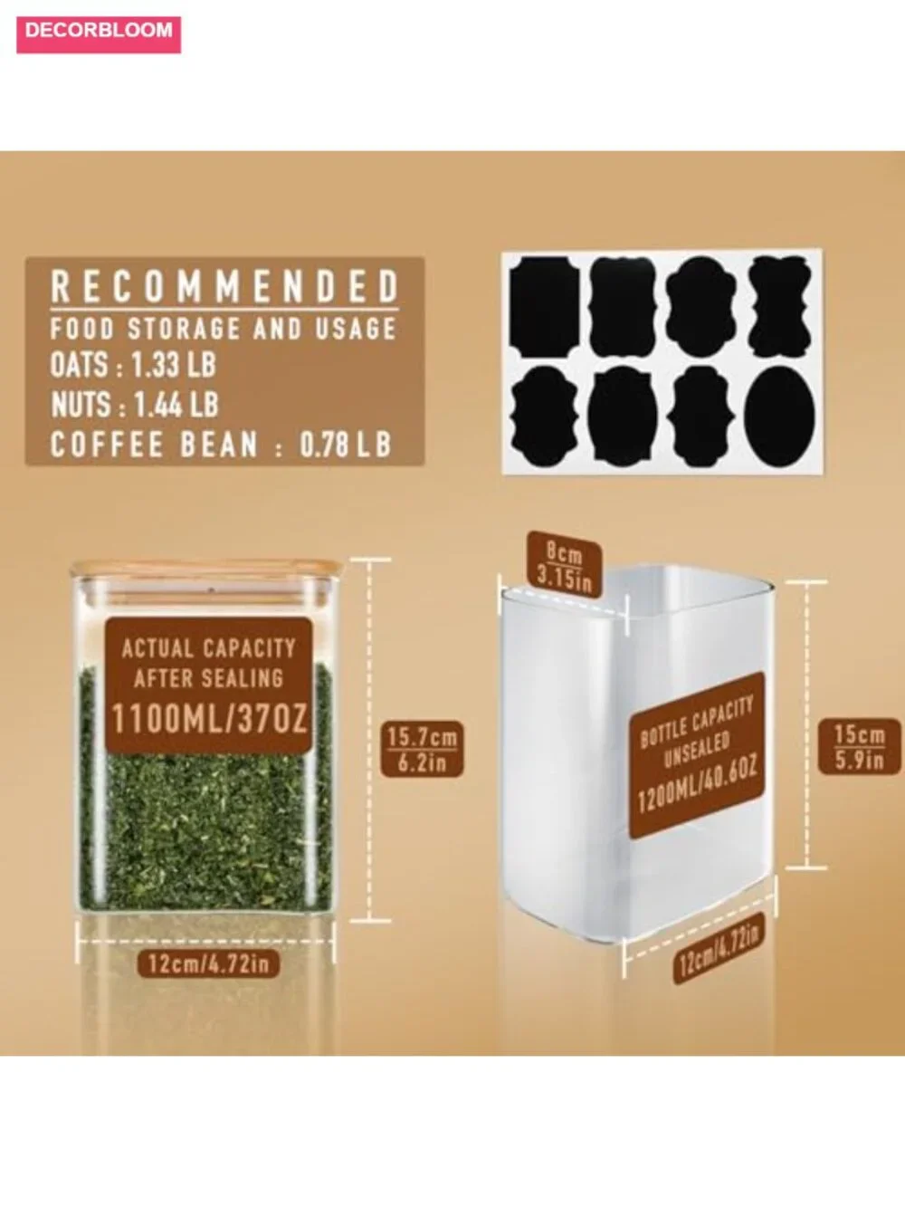 37oz Rectangle Airtight Glass Storage Containers with Bamboo Lids Set of 4